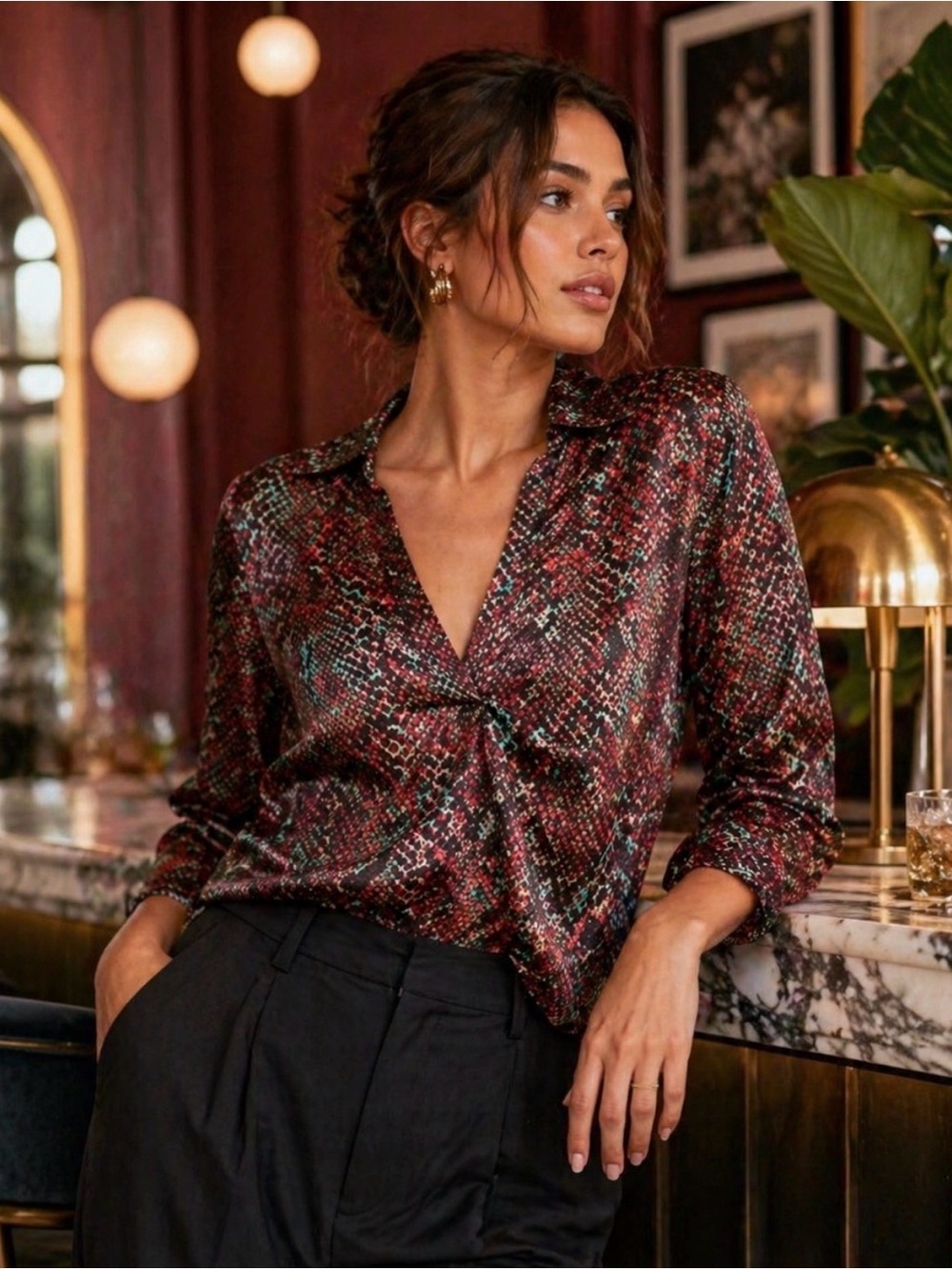 NWOT Nicholas Snakeskin Silk Page Long Sleeve Collared Blouse